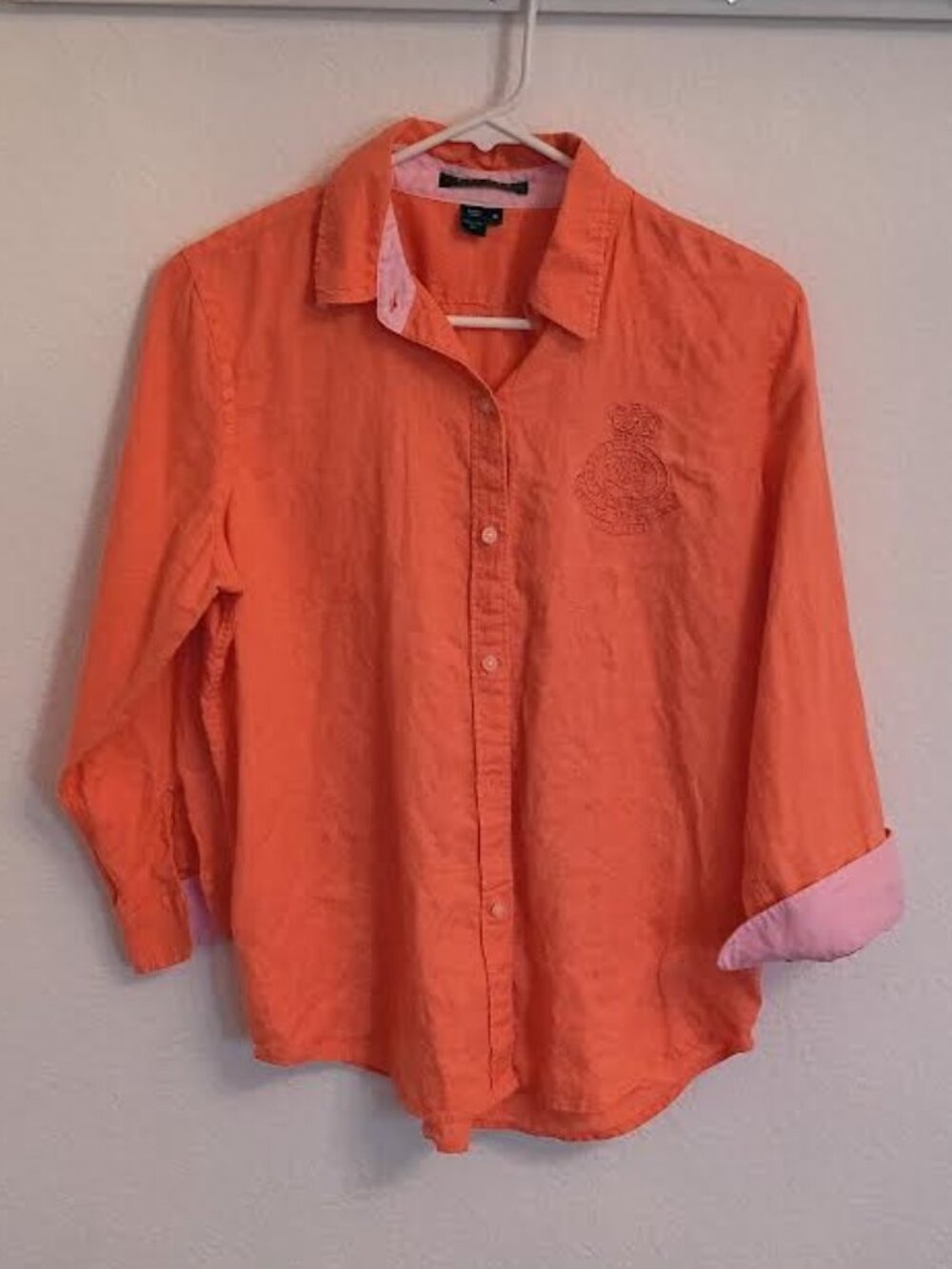 LAUREN RALPH LAUREN WOMEN'S TOP MELON PINK 100% LINEN CREST 3/4 CUFF SLEEVE MED